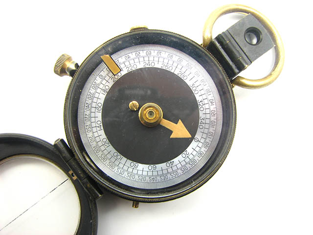 WW1 Verners Pattern MK VII prismatic compass engraved 'ANGLO-SWISS ASSOCIATION' belonging to Lieutenant Col. S.F. Thomas DSO.